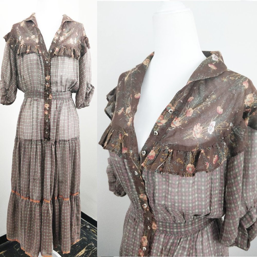 Gunne Sax Autumnal Brown Plaid Floral Button Dress 9